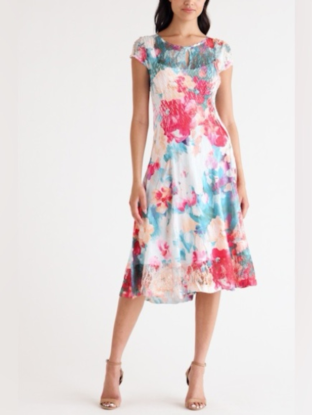 Komarov Floral Cap Sleeve Floral Charmeuse and Lace Midi Dress Size Small